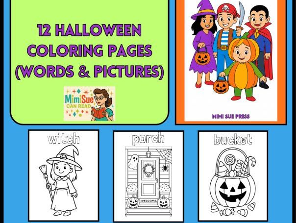 12 Halloween Coloring Pages with Words & Pictures