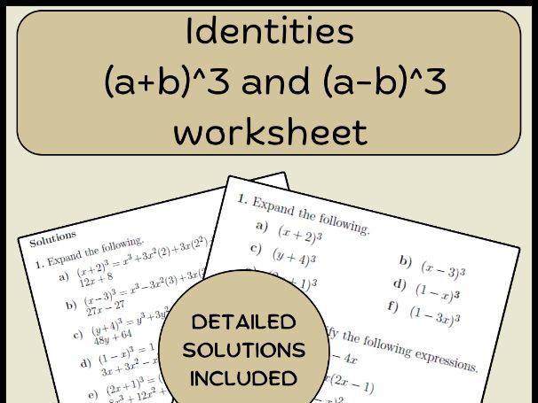 Identities (a+b)^3 and (a-b)^3 worksheet (with solutions)