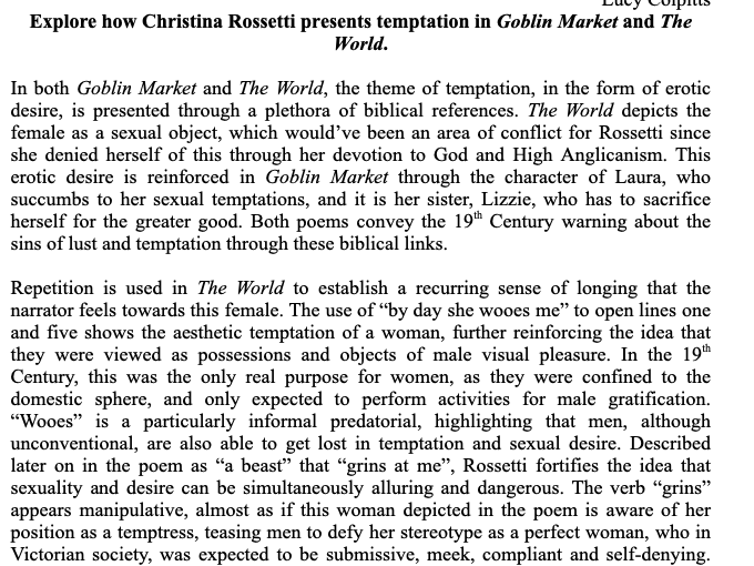 A Grade Essay - Temptation in Christina Rossetti's "The World" and "Goblin Market"