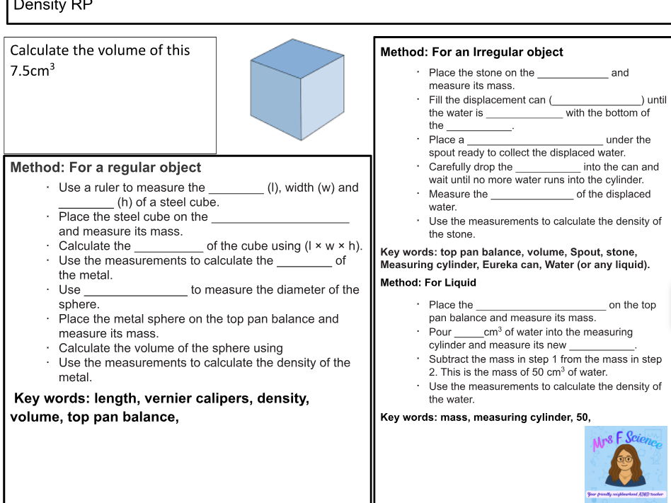 DENSITY REQUIRED PRACTICAL REVISION WORKSHEET
