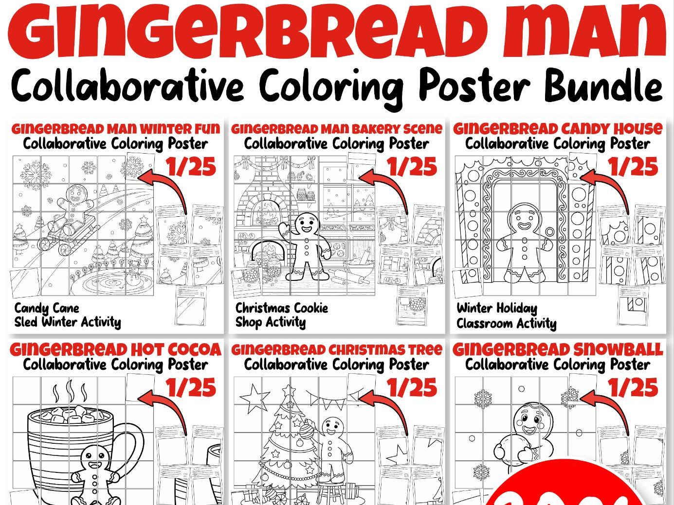 Gingerbread man Collaborative Poster Bundle | Winter Holiday Classroom Art
