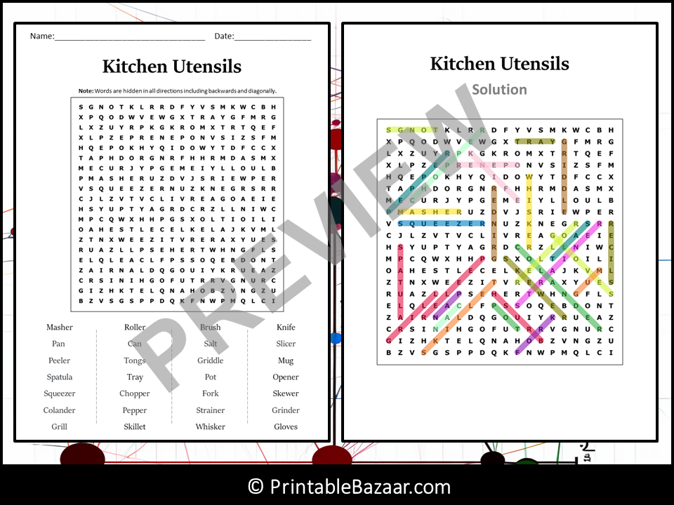 Kitchen Utensils Word Search Puzzle Worksheet Activity Teaching Resources
