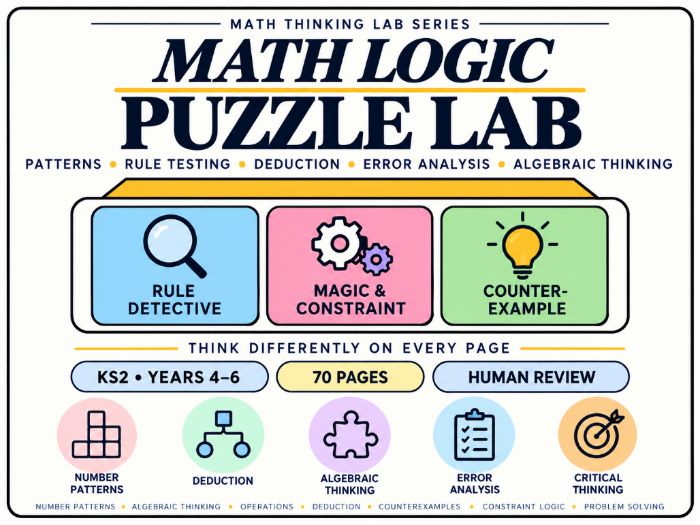 Maths Logic Puzzle Lab | KS2 Reasoning and Problem-Solving Worksheets | Years 4–6 | 70 Pages