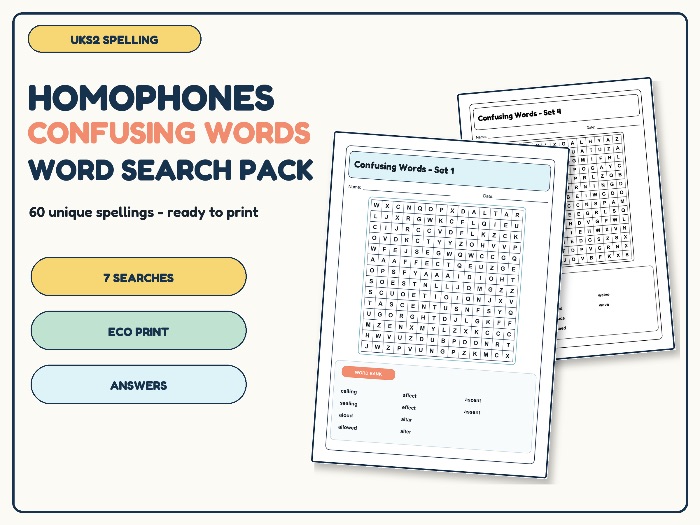 UKS2 Homophones and Confusing Words Word Search Pack | 7 Activities