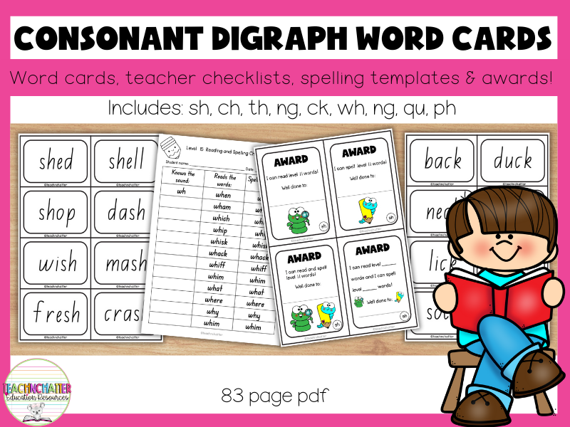 Consonant Digraph Word Cards, Lists, Teacher Checklists and Student Awards