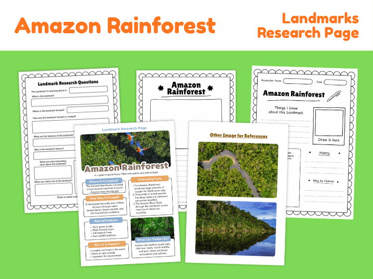 Amazon Rainforest Research Project | Geography & Landmark Worksheets