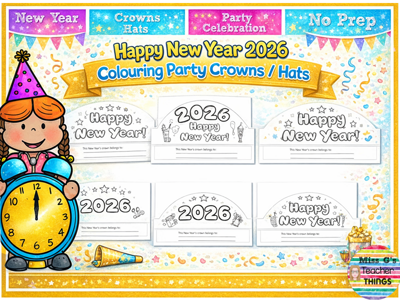 Happy New Year 2026 colouring party Crowns / hats - updated every year for free!