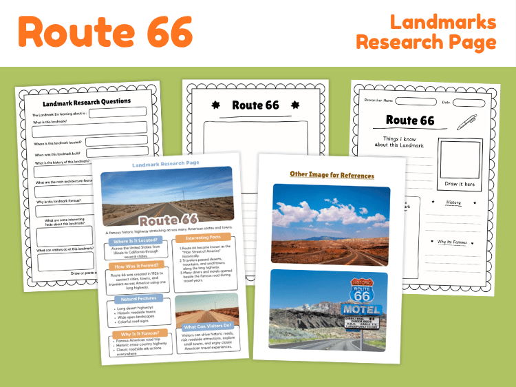 Route 66 Research Project | American Landmark & History Worksheets