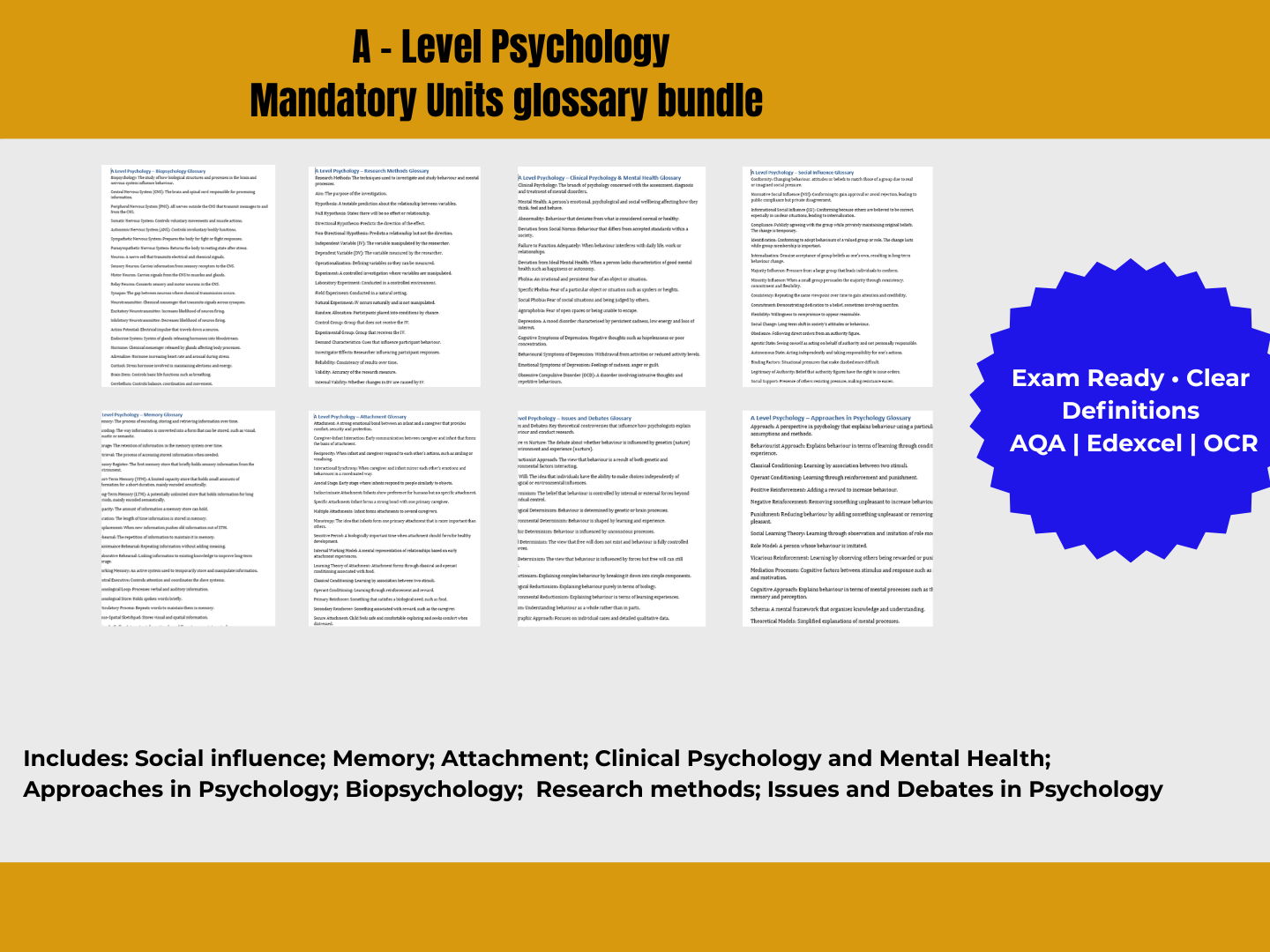 A Level Psychology Mandatory Units Glossary Bundle | Core Topics Revision Pack | AQA Edexcel OCR