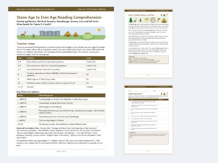 Stone Age to Iron Age Reading Comprehension KS2