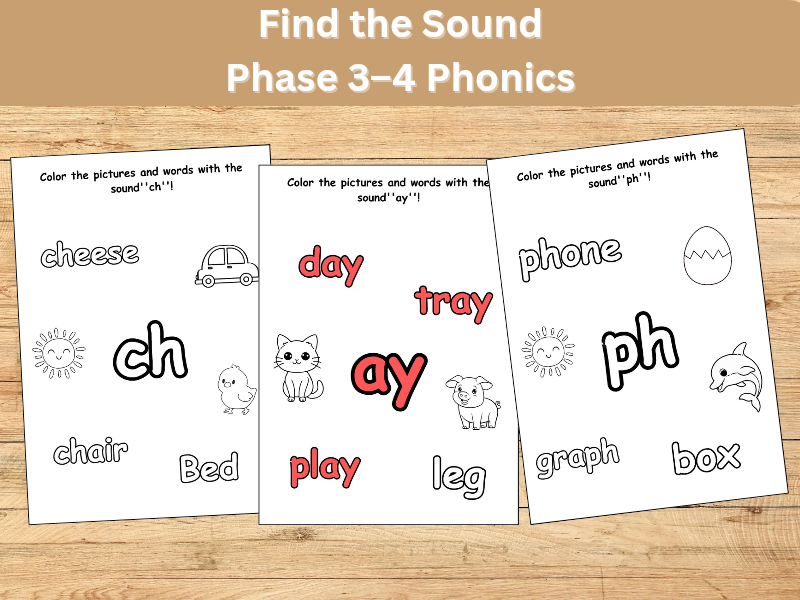 Find the Sound – Phonics Coloring Worksheets  | Phase 3–4 Phonics