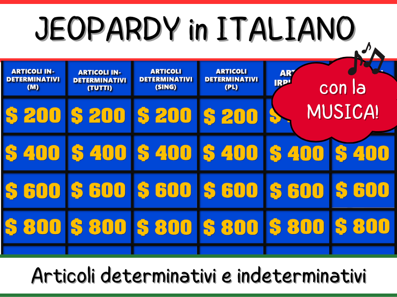 Italian Jeopardy - Articles - Articoli determinativi e indeterminativi - PPT with Music