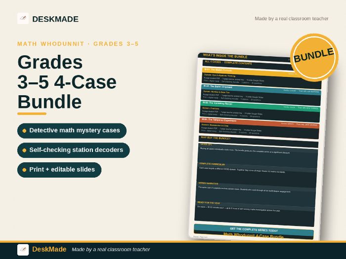 Math Whodunnit Escape Room Bundle | Grades 3–5 | 4 Mystery Cases