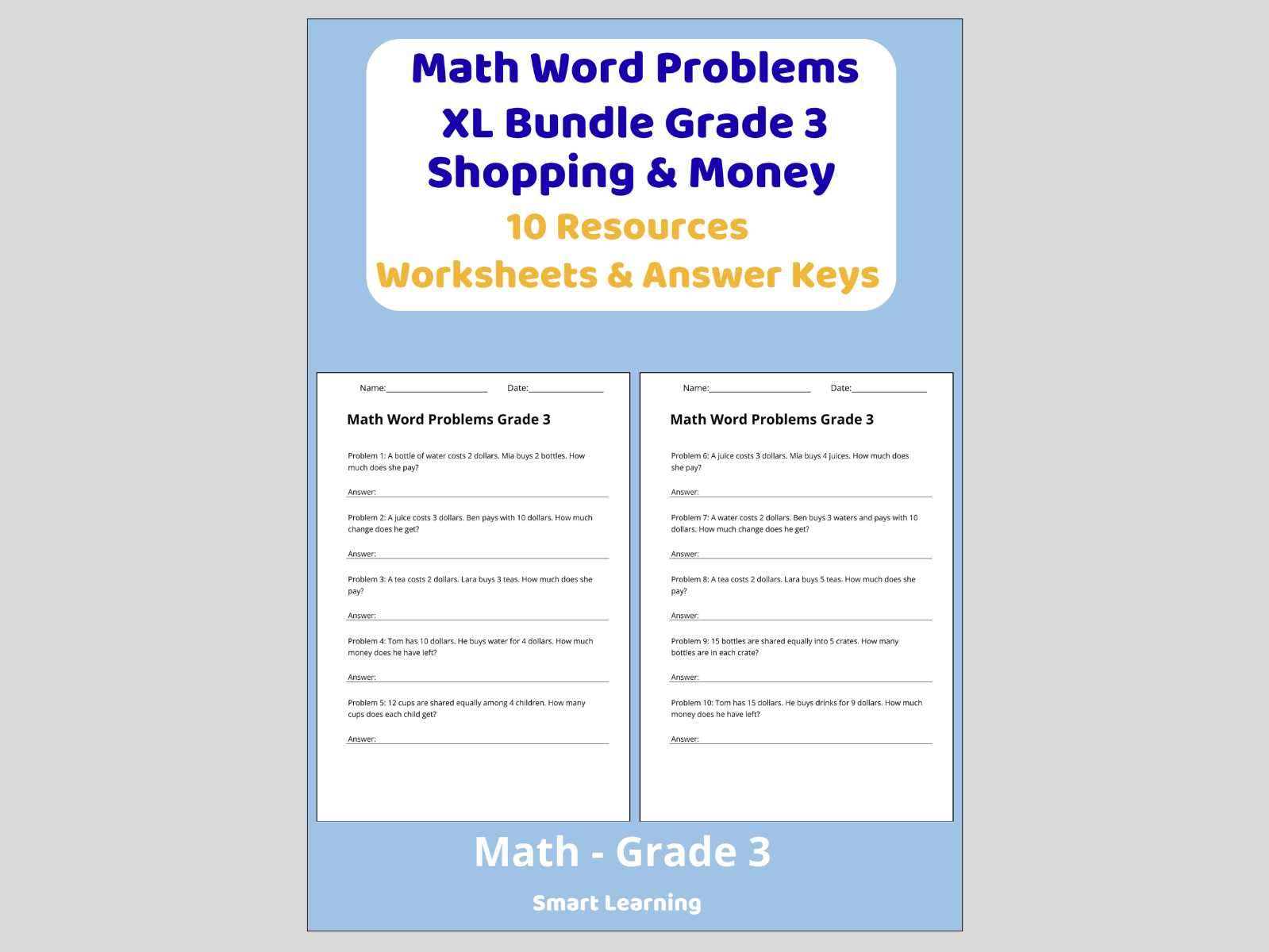 Math Word Problems Money XXL Bundle Grade 3 | 10 Resources with Answer Keys