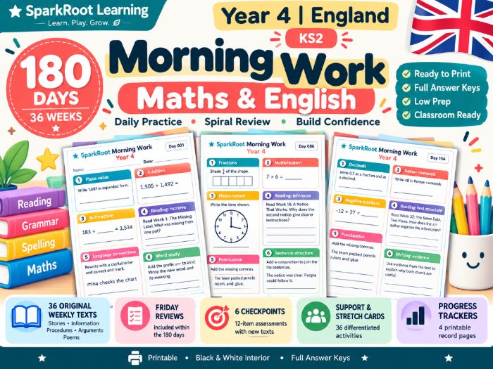 Year 4 Morning Work | 180 Days Maths & English Spiral Review | KS2