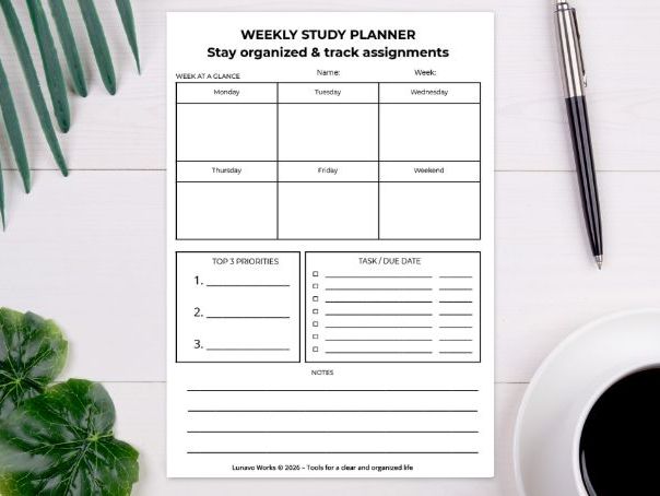 Weekly Study Planner for Students | Assignment Tracker & Homework Organizer