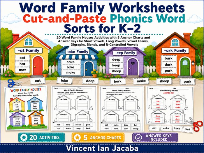 Word Family Worksheets | Cut-and-Paste Phonics Word Sorts | KS1 Ages 5–8