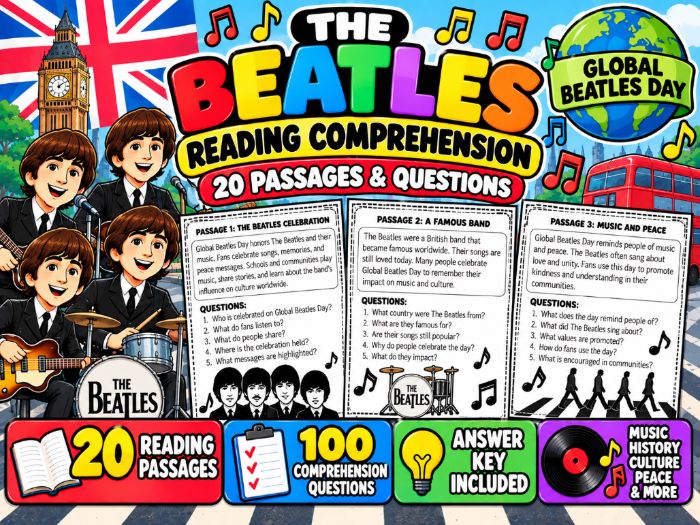 The Beatles Reading Comprehension | Global Beatles Day | 20 Passages & Questions