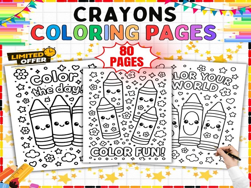 Crayon Coloring Pages | 80 Page Coloring Sheets | Back to School Art Activities