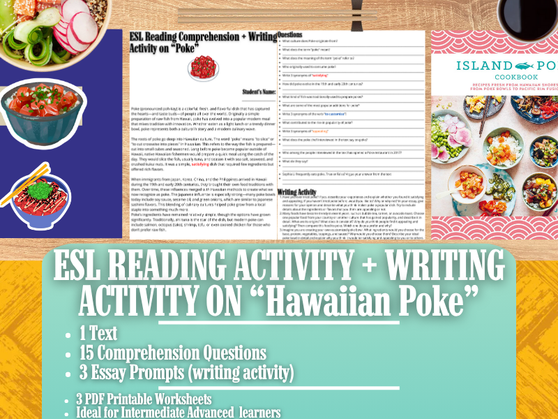 ESL Reading Comprehension + Writing Activity Worksheets on "Hawaiian Poke"