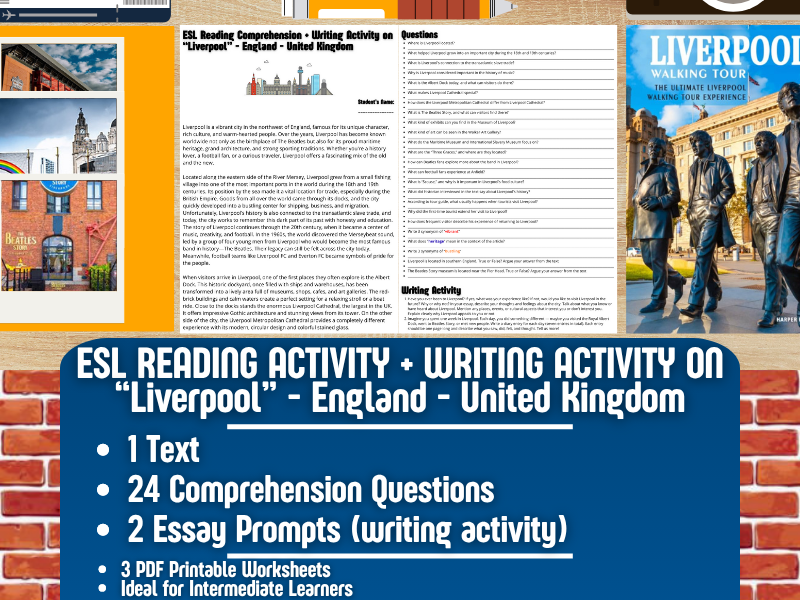 ESL Reading Comprehension + Writing Activity - Liverpool - England - United Kingdom