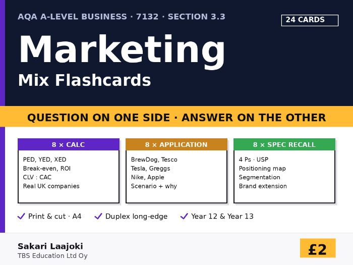 AQA Business Marketing Mix Flashcards (24) | Teaching Resources