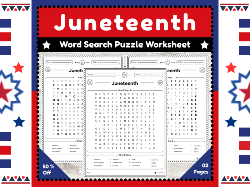 Juneteenth Word Search Puzzle : Fun and Engaging Worksheet Activity for Students