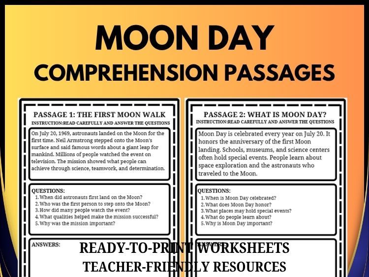 Moon Day Reading Comprehension | 20 Passages, 100 Questions & Answer Key