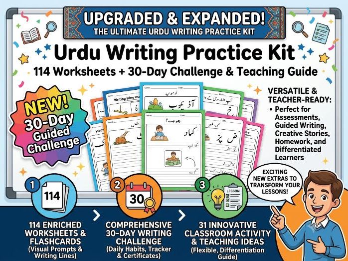 Urdu Writing Practice Kit: 114 Worksheets, 30-Day Challenge & Teaching Guide