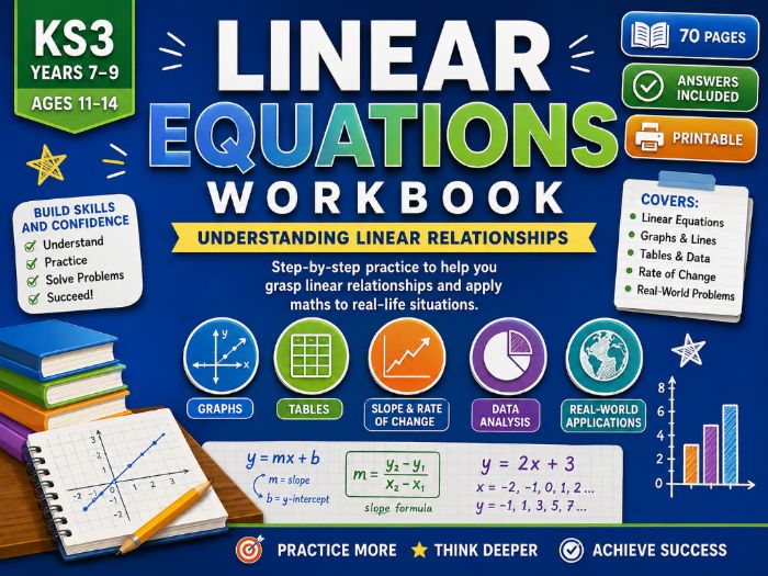 KS3 Linear Equations Workbook | Algebra, Graphs & Rate of Change | Years 7–9 | 70 Pages