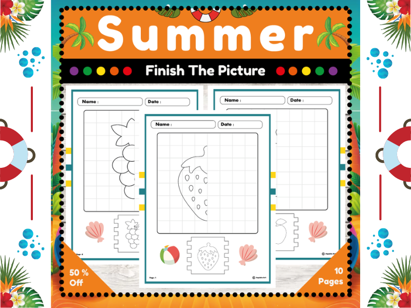 Summer Finish The Picture : Step-by-Step Drawing Grid Worksheets for Kids