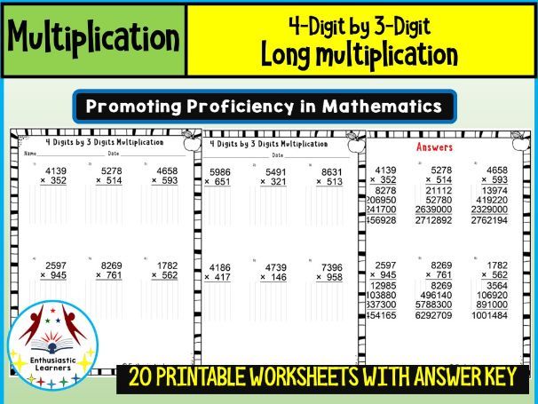 4-Digit by 3-Digit Long Multiplication Worksheets Math Problems