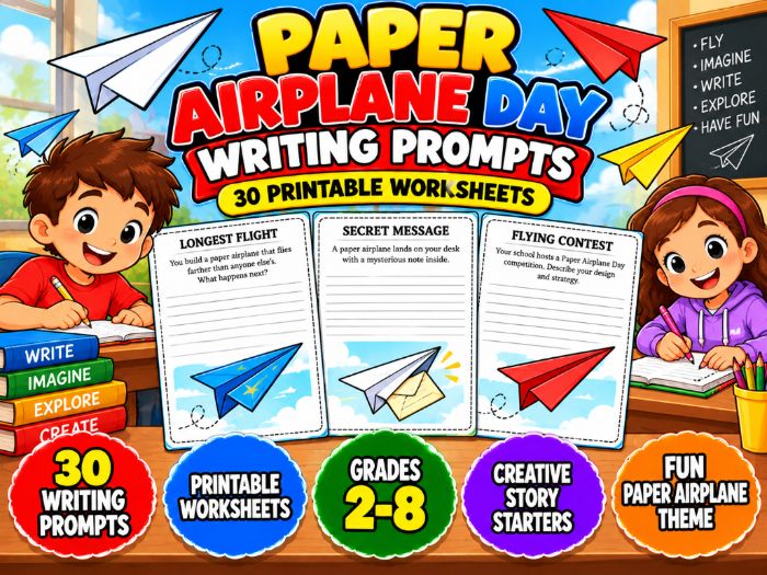 Paper Airplane Day Writing Prompts | 30 Printable Creative Writing Worksheets