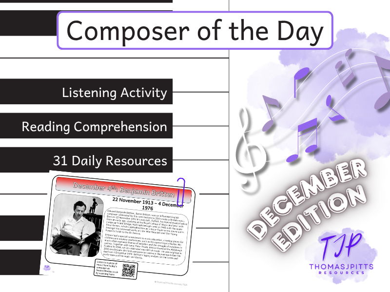 December Music Reading Comprehension | 31 KS2 & KS3 Composer Activities with Answers