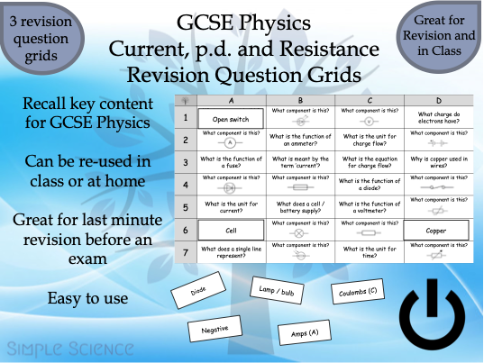 Current, Potential Difference and Resistance Revision Question Grids - GCSE Physics