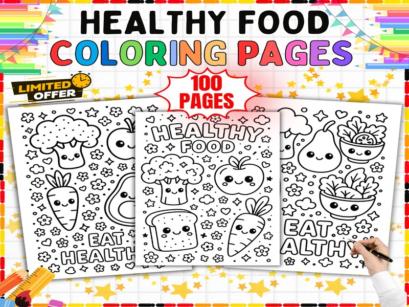 Healthy Food Coloring Pages | 100 Page Coloring Sheets | Fruits Vegetables and Meals