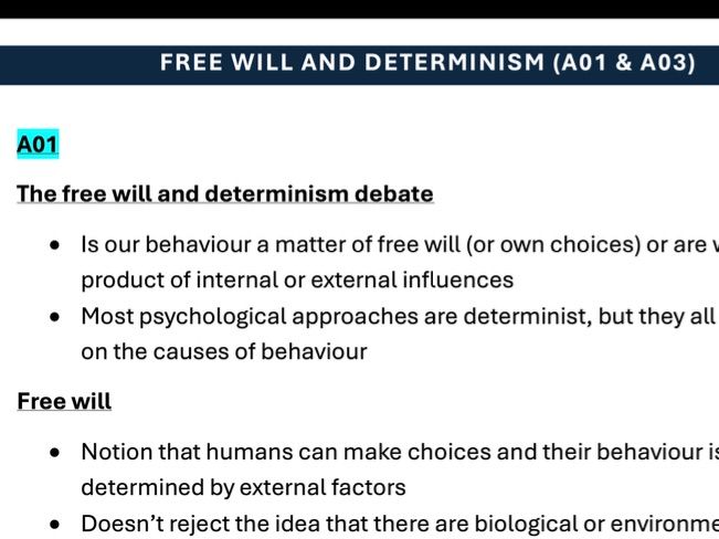AQA Psychology: Free will and Determinism - Complete A level notes with A01 & A03 A*