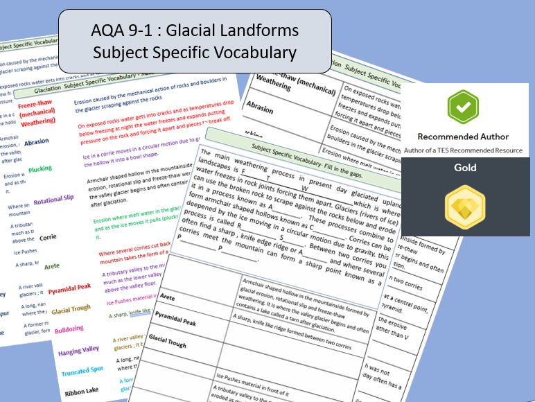 AQA 9-1 GCSE Geography - Glacial Landscapes. Vocabulary Revision Activity Sheets.