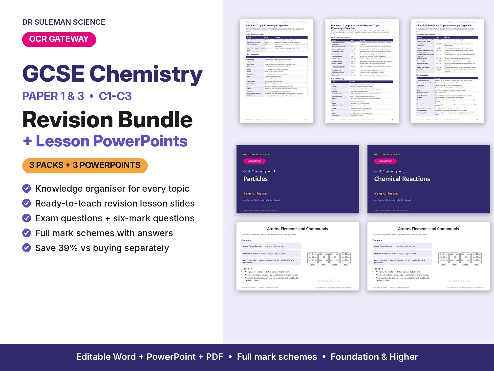 OCR Gateway GCSE Chemistry Paper 1 & 3 Revision Bundle + PowerPoints (C1-C3)