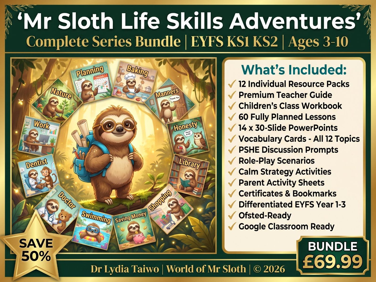 Title: Mr Sloth Life Skills Adventures — Complete Series Bundle | EYFS KS1 KS2 | PSHE Life Skills 12 Books + Teacher Guide + Workbook | 14 Premium Resources Whole Year Resource