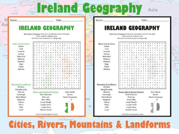 Ireland Geography Word Search | Cities, Rivers, Mountains & Landforms Activity