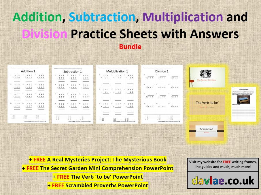 Addition Subtraction Multiplication And Division Practice Sheets