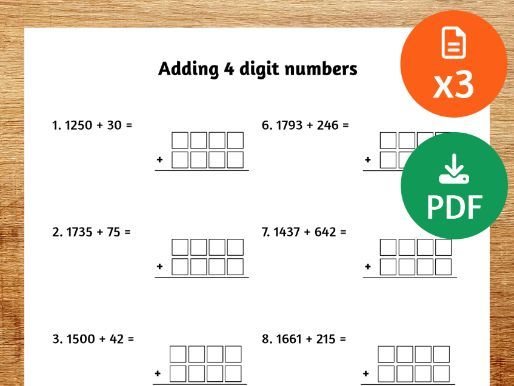 Adding 4 digit numbers worksheet
