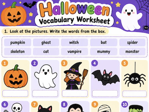 1. Halloween Vocabulary Worksheet – Label & Colour