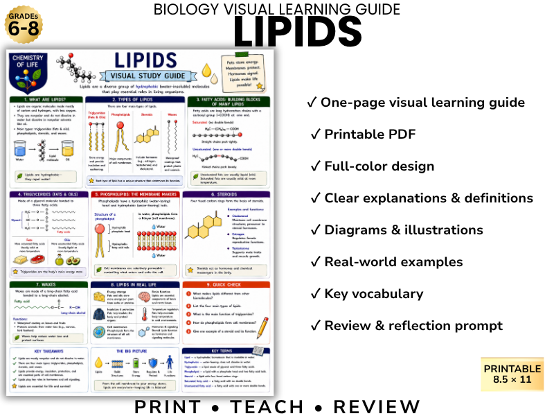 LIPIDS Biology Visual Learning Guide | Grade 8 & Middle School Science