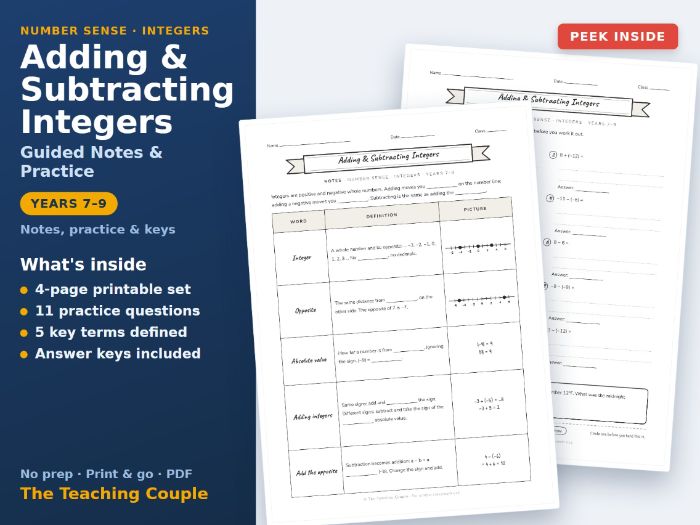 Adding & Subtracting Integers Sketch Notes & Practice + Answer Keys