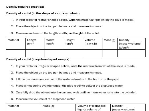 Density required practical worksheet