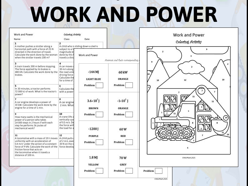Physics: Work and Power - Coloring Activity/Color by Code+Typed Solutions