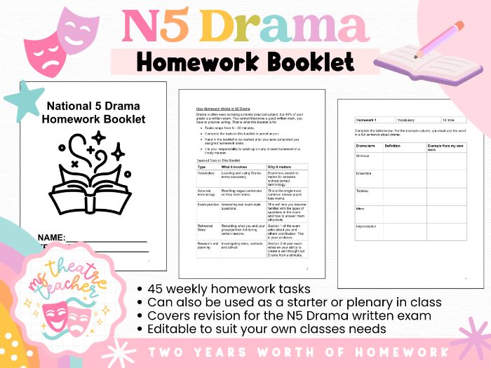 National 5 Drama Homework Booklet | 45 Tasks | QS