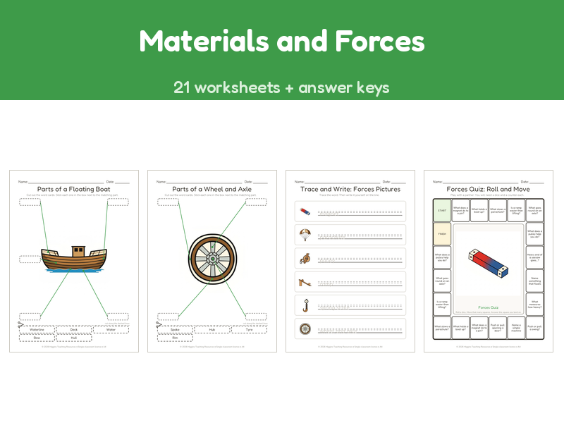 Materials and Forces | 21 No-Prep Worksheets + Answer Keys | Ages 7-11